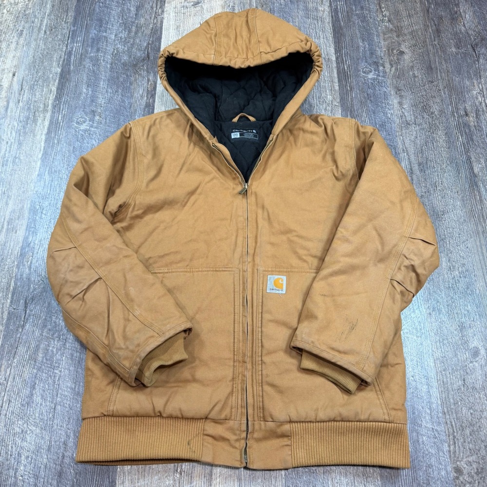 Carhartt Youth Jacket Large 14-16 Canvas Hood Quilted Insulated Brown OJ8545-B